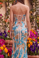 Load image into Gallery viewer, Sparkly Blue Corset Floral Mermaid Sequins Strapless Long Prom Dress with Slit