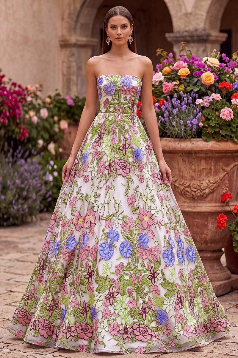 Queendancer Women Pink Ball Gown Long Floral Prom Dress Strapless Lace ...