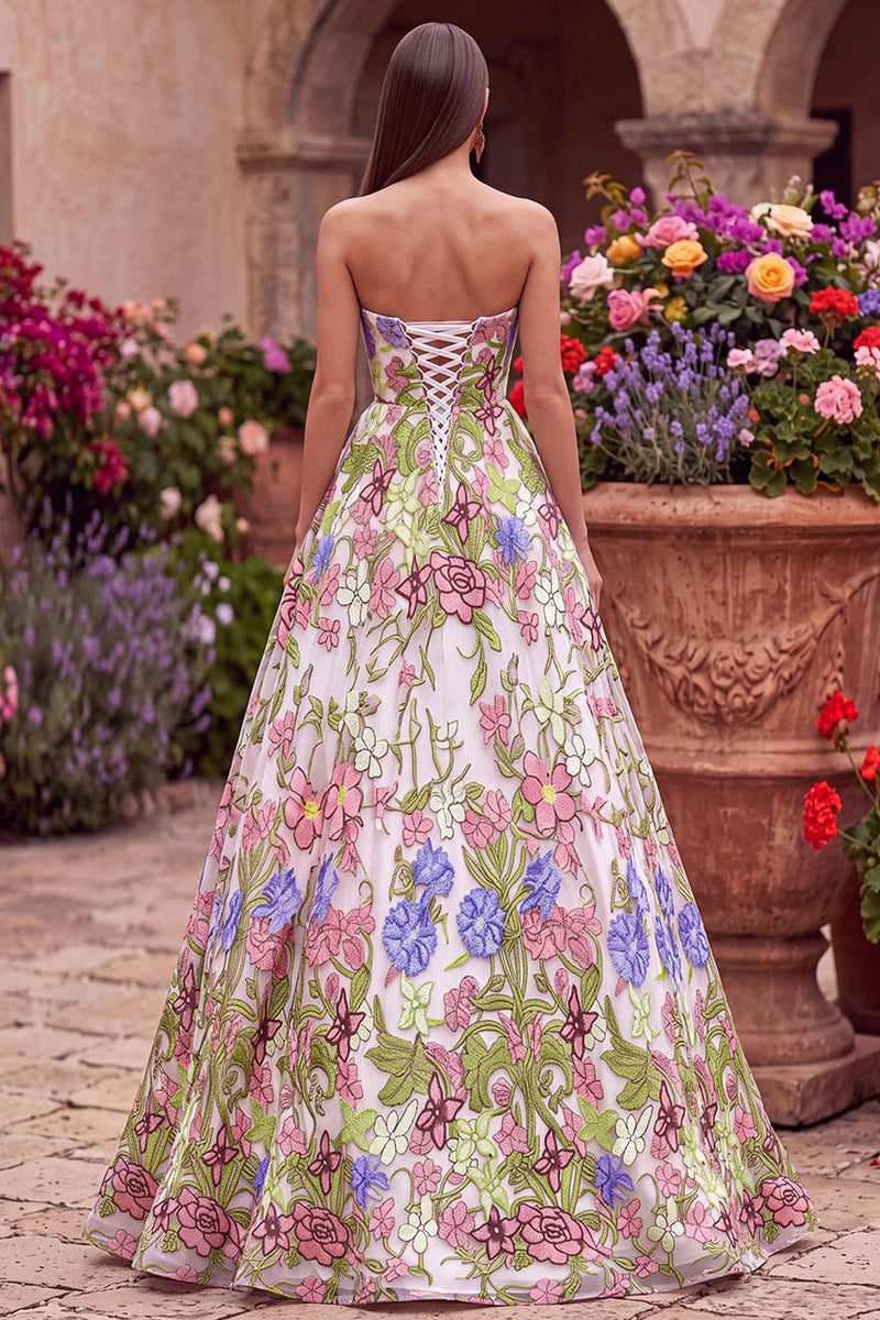 Load image into Gallery viewer, Pink Floral Ball Gown Strapless Long Prom Dress