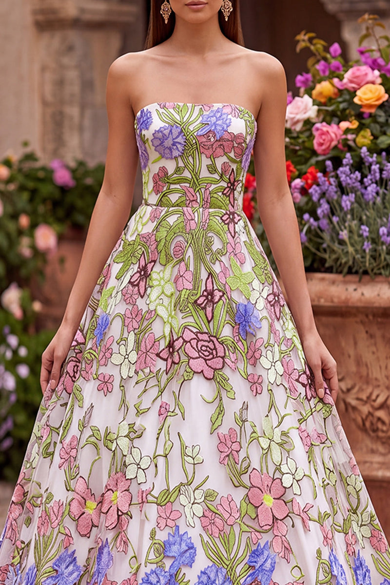 Load image into Gallery viewer, Pink Floral Ball Gown Strapless Long Prom Dress