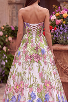 Load image into Gallery viewer, Pink Floral Ball Gown Strapless Long Prom Dress