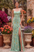 Load image into Gallery viewer, Sparkly Green Mermaid Spaghetti Straps Beaded Long Prom Dress with Slit