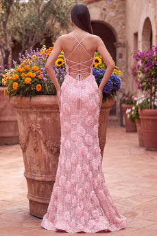 Sparkly Pink Mermaid Sequins Spaghetti Straps Floral Long Prom Dress with Slit