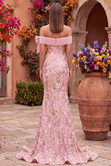 Sparkly Pink Mermaid Off the Shoulder Floral Long Sequins Prom Dress with Bow