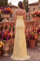 Load image into Gallery viewer, Yellow Mermaid Floral Ruched Spaghetti Straps Long Prom Dress with Slit
