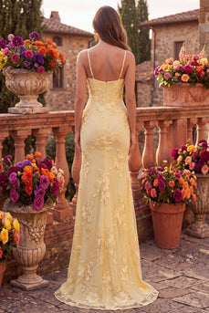 Yellow Mermaid Floral Ruched Spaghetti Straps Long Prom Dress with Slit