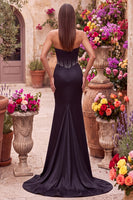 Load image into Gallery viewer, Sparkly Black Corset Satin Mermaid Beaded Sweetheart Long Prom Dress with Slit