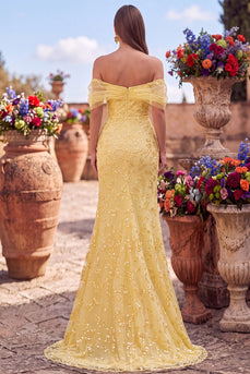 Sparkly Yellow Mermaid Floral Off the Shoulder Sequins Long Prom Dress with Slit