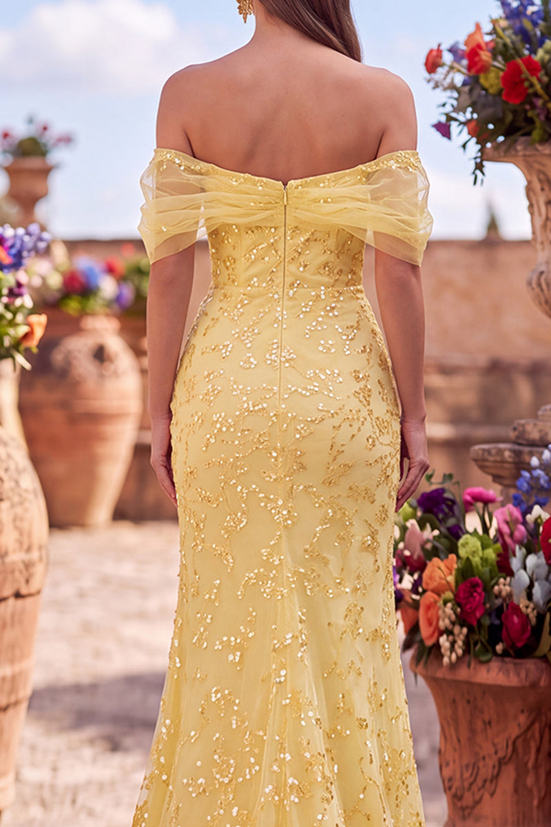 Load image into Gallery viewer, Sparkly Yellow Mermaid Floral Off the Shoulder Sequins Long Prom Dress with Slit