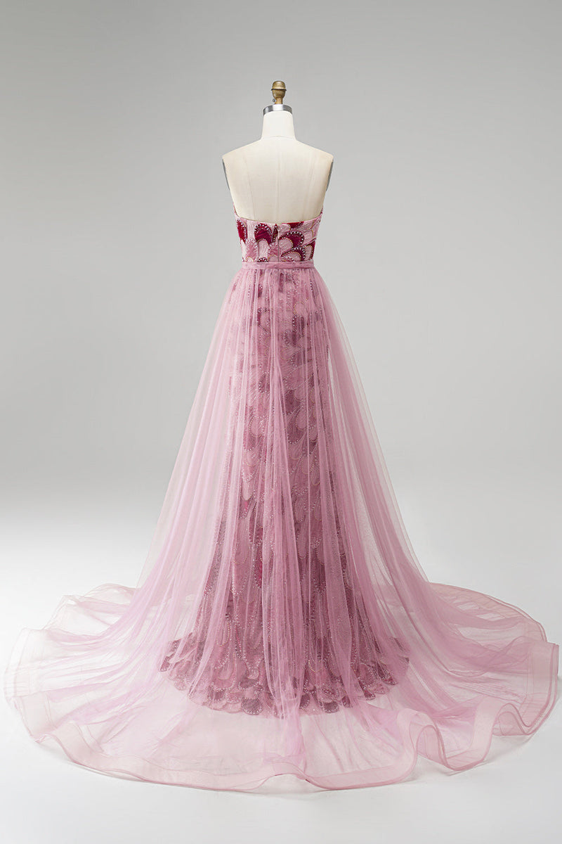 Load image into Gallery viewer, Sparkly Pink Mermaid Beaded Long Prom Dress with Detachable Cape