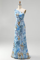 Load image into Gallery viewer, Sparkly Blue Floral Mermaid One Shoulder Sequin Long Prom Dress with Beading