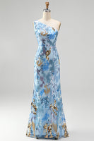 Load image into Gallery viewer, Sparkly Blue Floral Mermaid One Shoulder Sequin Long Prom Dress with Beading