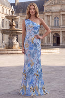 Load image into Gallery viewer, Sparkly Blue Floral Mermaid One Shoulder Sequin Long Prom Dress with Beading