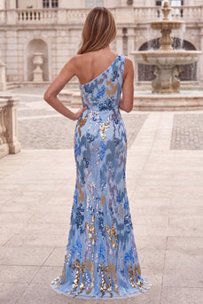 Sparkly Blue Floral Mermaid One Shoulder Sequin Long Prom Dress with Beading