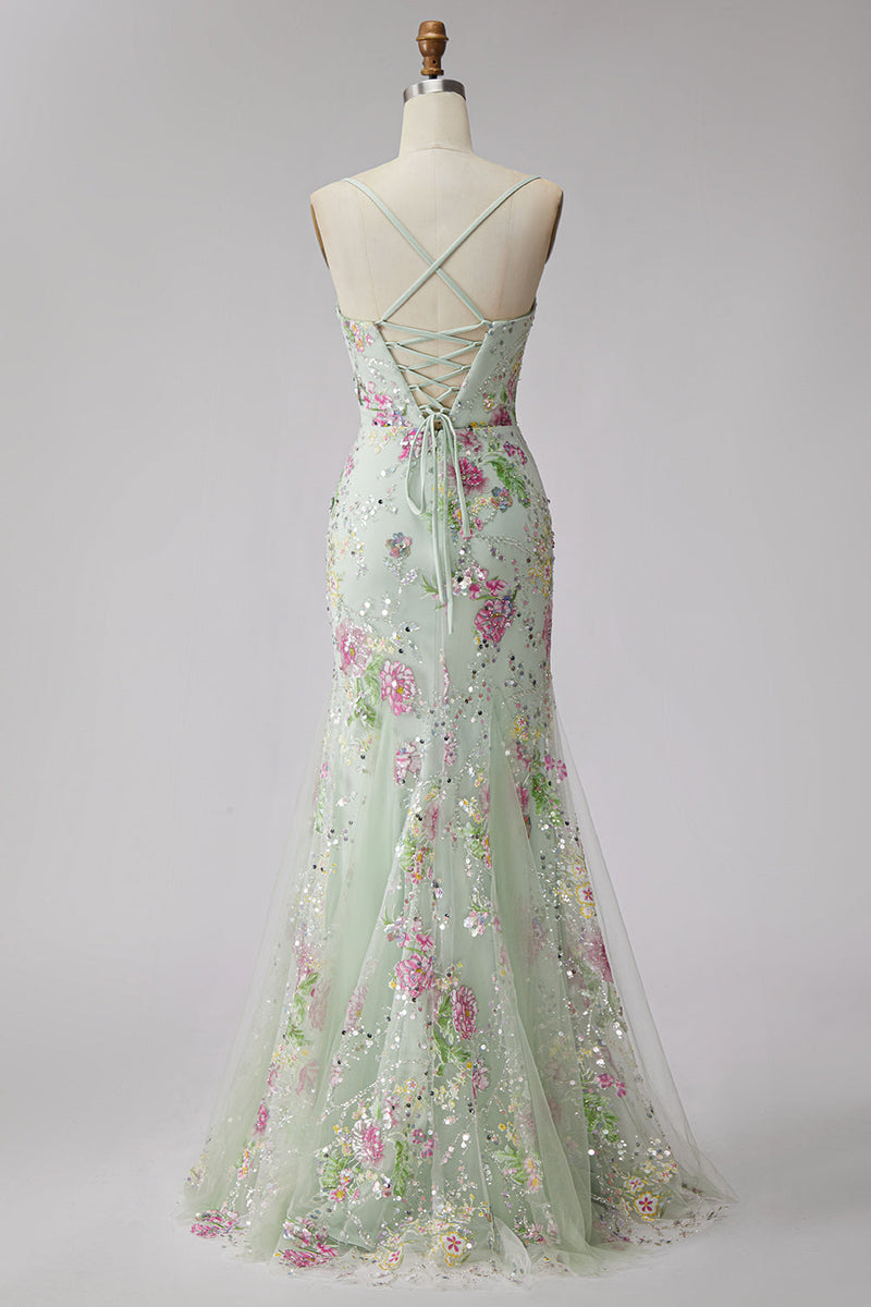 Load image into Gallery viewer, Mermaid Light Green Sparkly Beaded Floral Long Prom Dress with Sequins