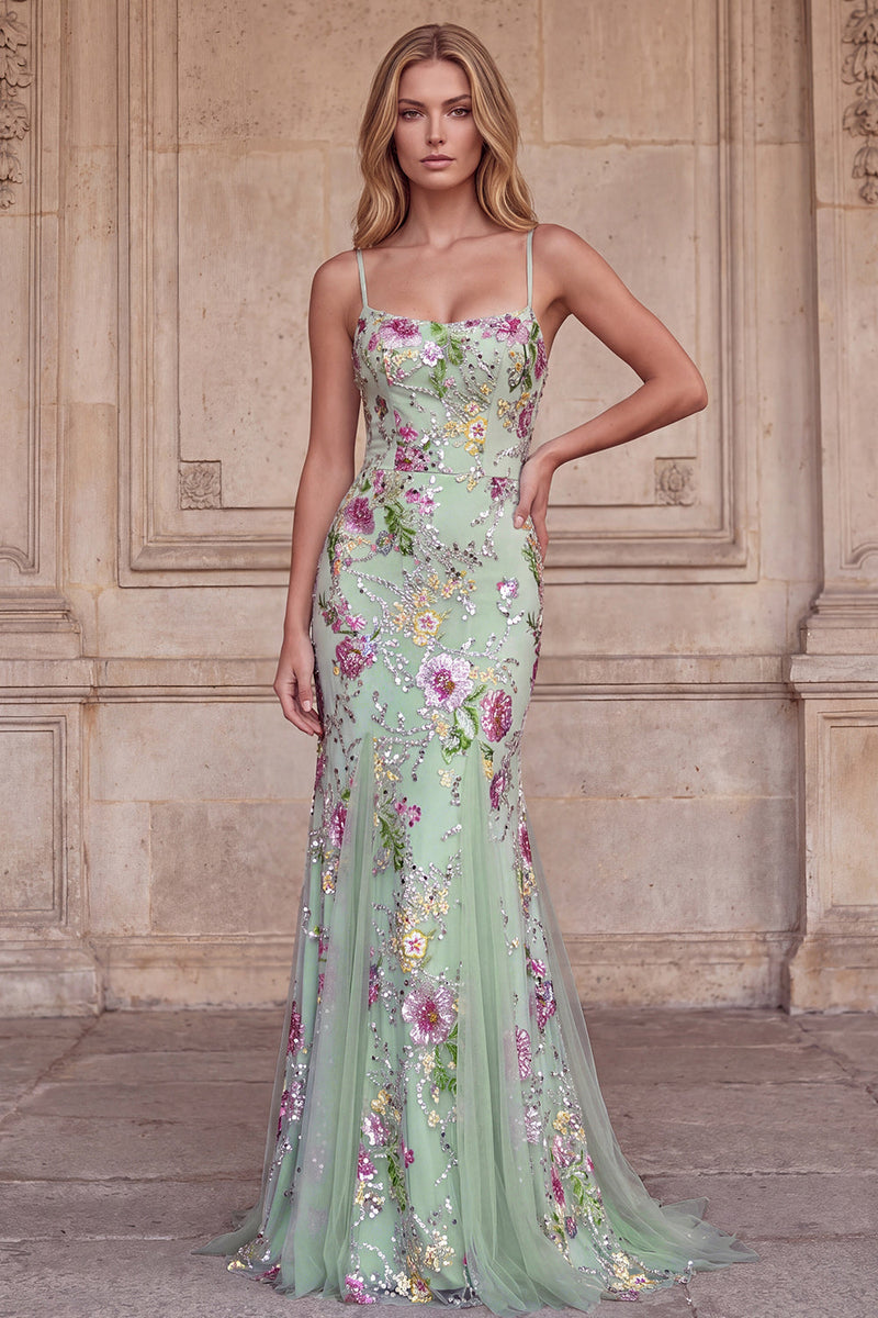 Load image into Gallery viewer, Mermaid Light Green Sparkly Beaded Floral Long Prom Dress with Sequins