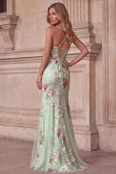 Mermaid Light Green Sparkly Beaded Floral Long Prom Dress with Sequins