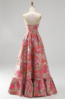Load image into Gallery viewer, Jacquard Red A Line Ruffled Strapless Long Prom Dress with Slit