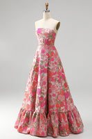Load image into Gallery viewer, Jacquard Red A Line Ruffled Strapless Long Prom Dress with Slit