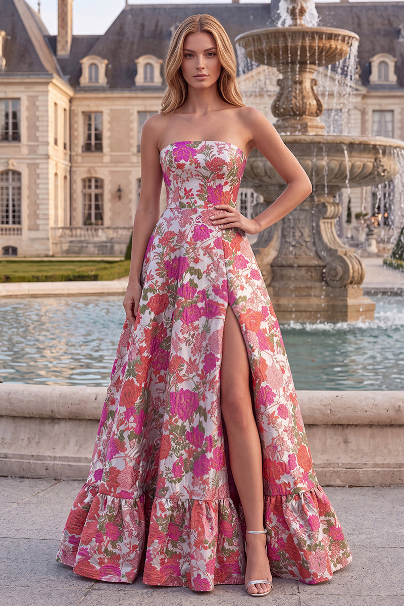 Load image into Gallery viewer, Jacquard Red A Line Ruffled Strapless Long Prom Dress with Slit