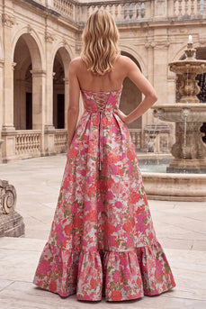 Jacquard Red A Line Ruffled Strapless Long Prom Dress with Slit