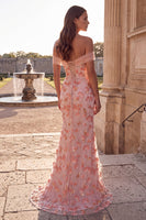 Load image into Gallery viewer, Sparkly Pink Mermaid Ruched Off The Shoulder Floral Long Prom Dress with Beading