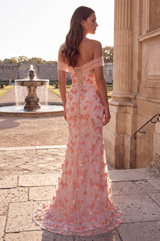 Sparkly Pink Mermaid Ruched Off The Shoulder Floral Long Prom Dress with Beading