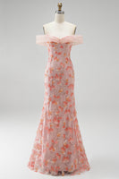 Load image into Gallery viewer, Sparkly Pink Mermaid Ruched Off The Shoulder Floral Long Prom Dress with Beading