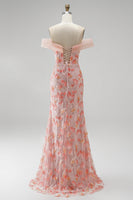 Load image into Gallery viewer, Sparkly Pink Mermaid Ruched Off The Shoulder Floral Long Prom Dress with Beading