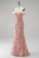Load image into Gallery viewer, Sparkly Pink Mermaid Ruched Off The Shoulder Floral Long Prom Dress with Beading