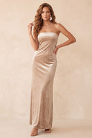 Load image into Gallery viewer, Champegne Velvet Sheath Strapless Long Wedding Guest Dress