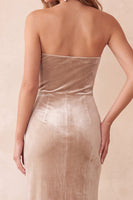 Load image into Gallery viewer, Champegne Velvet Sheath Strapless Long Wedding Guest Dress