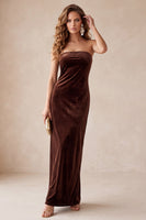 Load image into Gallery viewer, Champegne Velvet Sheath Strapless Long Wedding Guest Dress