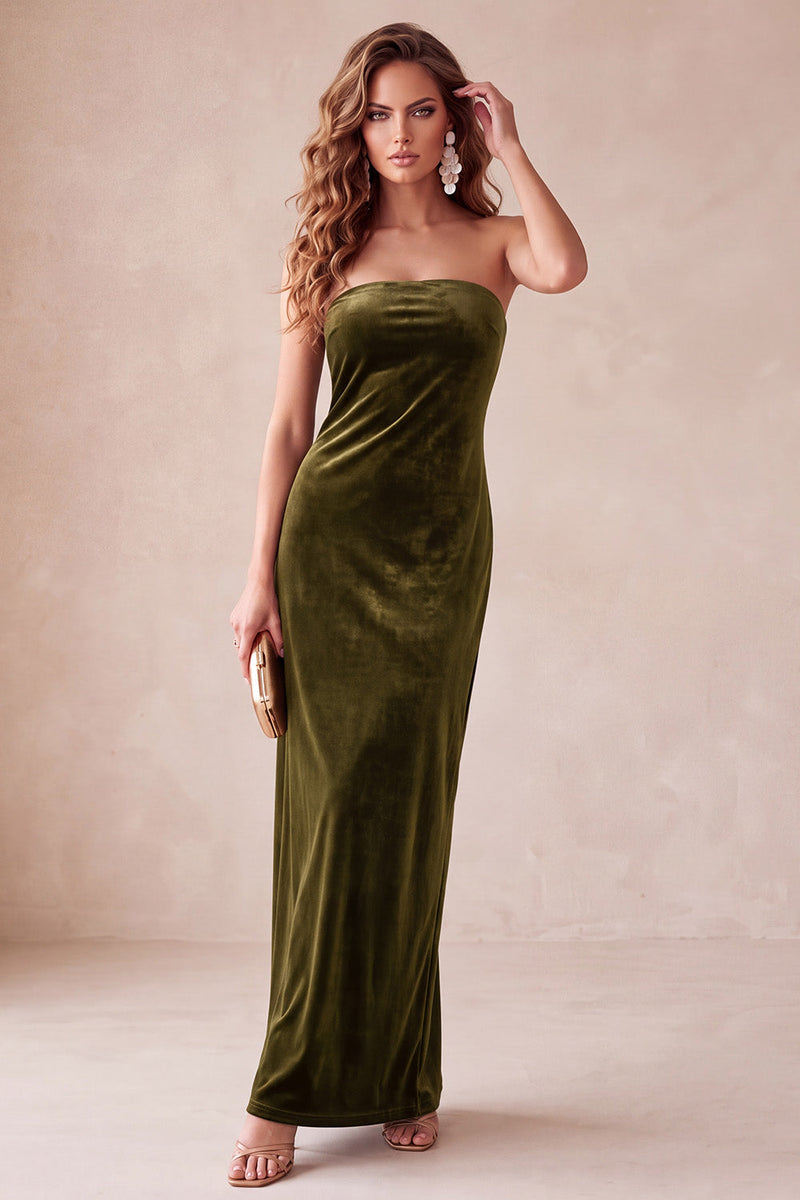 Load image into Gallery viewer, Champegne Velvet Sheath Strapless Long Wedding Guest Dress