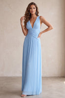 Load image into Gallery viewer, Sky Blue A-Line V-Neck Pleated Long Wedding Guest Dress