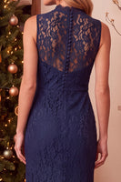 Load image into Gallery viewer, Dark Blue Sheath High Neck Lace Long Wedding Guest Dress