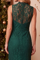 Load image into Gallery viewer, Dark Blue Sheath High Neck Lace Long Wedding Guest Dress