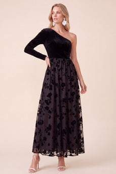Black A Line Velvet Floral One Shoulder Long Wedding Guest Dress with Sleeve