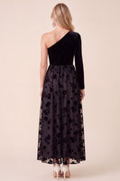 Load image into Gallery viewer, Black A Line Velvet Floral One Shoulder Long Wedding Guest Dress with Sleeve