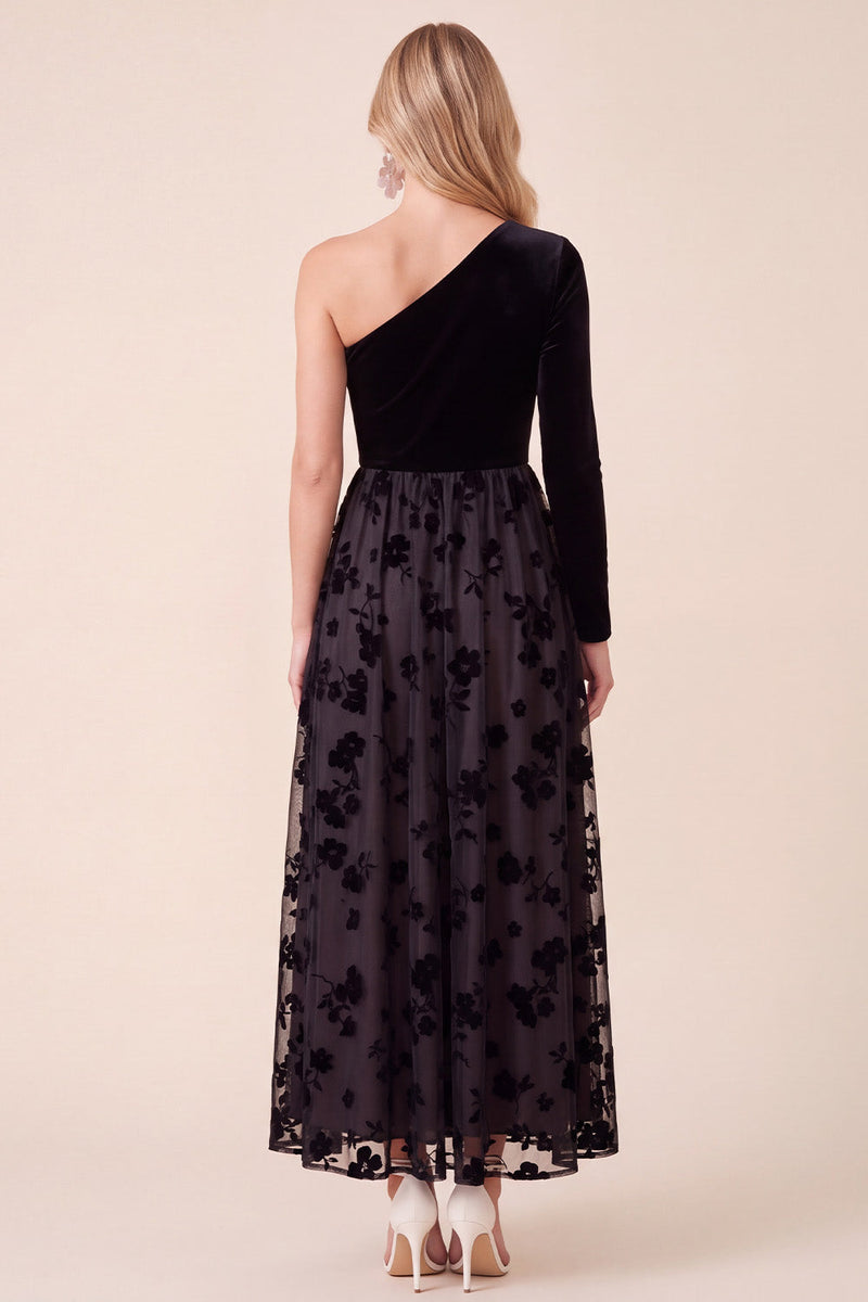 Load image into Gallery viewer, Black A Line Velvet Floral One Shoulder Long Wedding Guest Dress with Sleeve