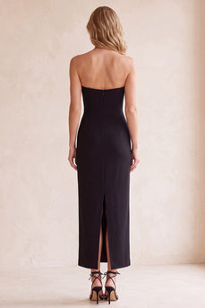 Black Sheath Strapless Satin Long Wedding Guest Dress with Pockets