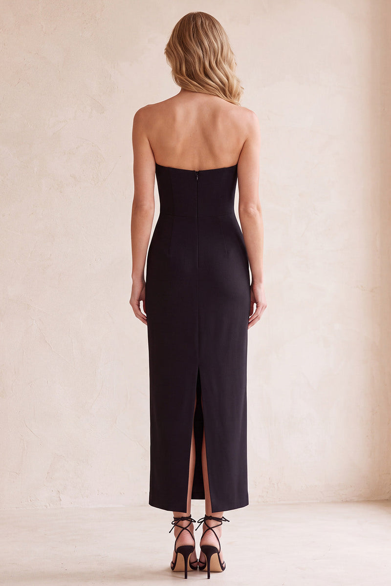 Load image into Gallery viewer, Black Sheath Strapless Satin Long Wedding Guest Dress with Pockets