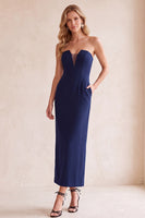 Load image into Gallery viewer, Black Sheath Strapless Satin Long Wedding Guest Dress with Pockets