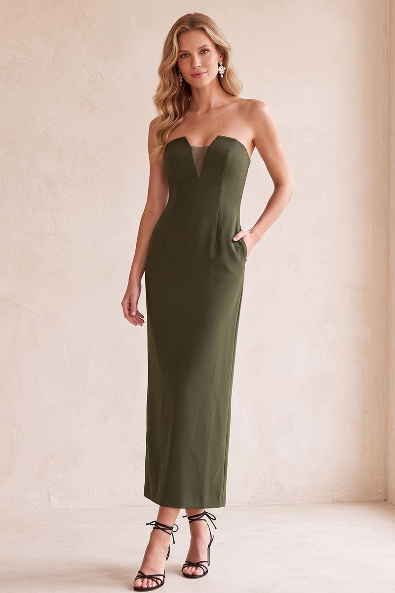Load image into Gallery viewer, Black Sheath Strapless Satin Long Wedding Guest Dress with Pockets