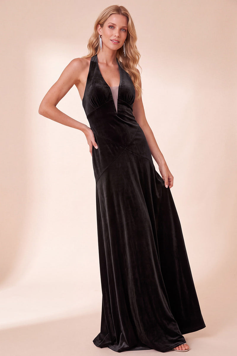 Load image into Gallery viewer, Royal Blue Velvet A Line Halter Long Wedding Guest Dress