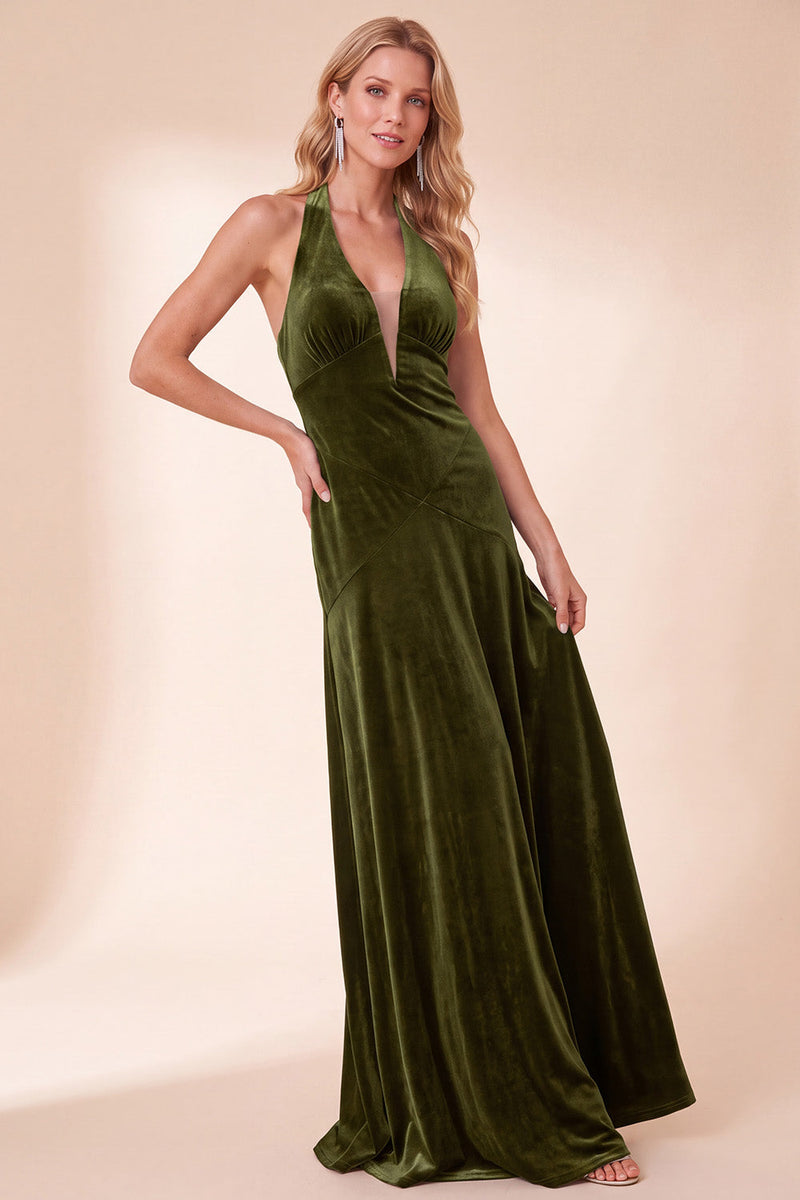 Load image into Gallery viewer, Royal Blue Velvet A Line Halter Long Wedding Guest Dress