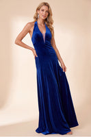 Load image into Gallery viewer, Royal Blue Velvet A Line Halter Long Wedding Guest Dress