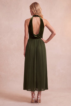 Olive A-Line Halter Pleated Long Wedding Guest Dress