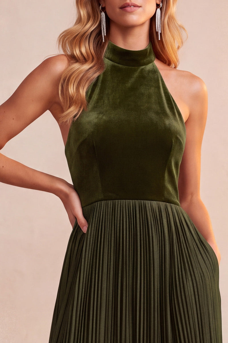 Load image into Gallery viewer, Olive A-Line Halter Pleated Long Wedding Guest Dress