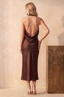 Load image into Gallery viewer, Purple Bodycon High Neck Long Satin Wedding Guest Dress